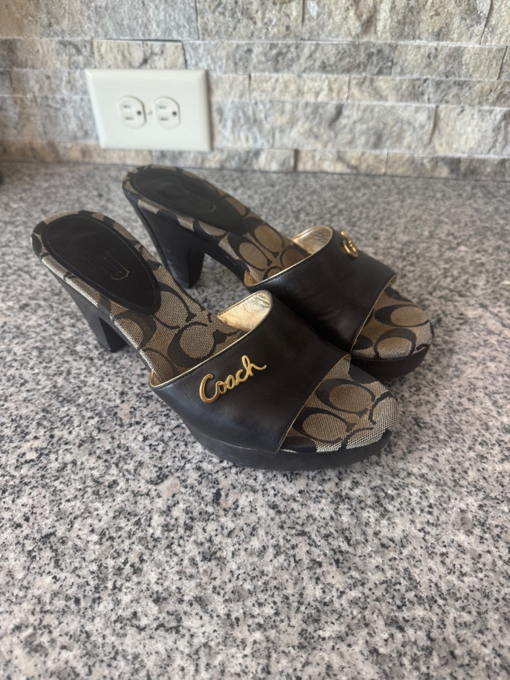 Coach Black Leather & Tan Signature Canvas Open-Toe Heeled Mules